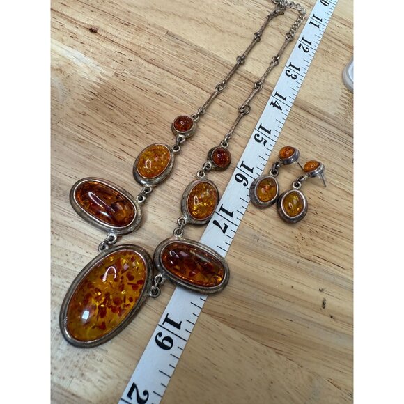 Amber Necklace & Earring Set With Silver Details - Picture 15 of 16